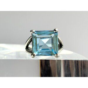 Aquamarine Princess Cut Semi-Precious Gemstone Silver T Vintage Ring - sz 6.25